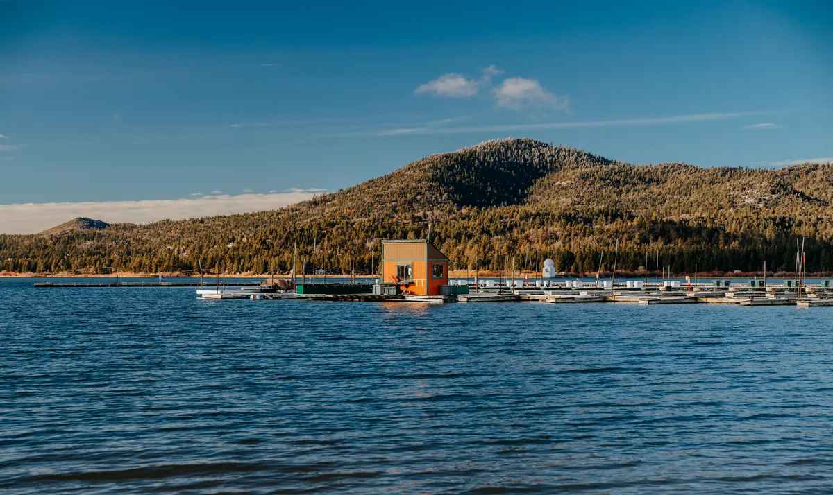 Sky High Cabins management fees, Forested mountain across Big Bear Lake with a marina on the shore
