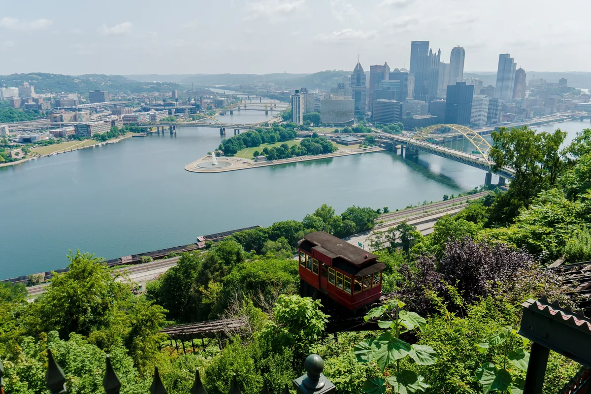 HostWise management fees, Incline car climbing the hillside above the Pittsburgh rivers and bridges
