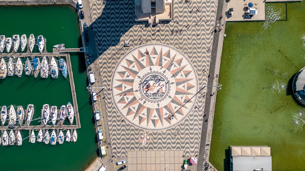 UpperKey alternatives Portugal, Aerial view of the Belem marina and compass-rose pavement in Lisbon