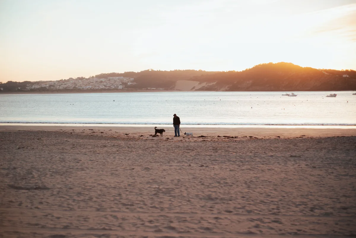 A wide beach at sunset below a headland town