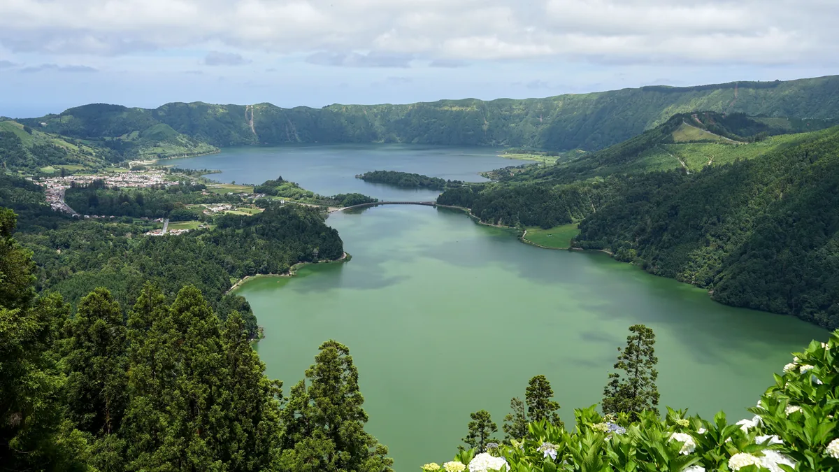 The Sete Cidades crater lakes ringed by green slopes