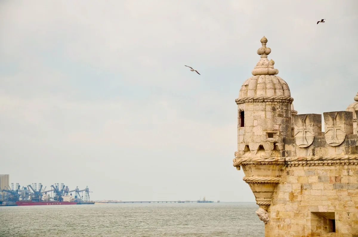 A turret of the Belem Tower above the Tagus in Lisbon