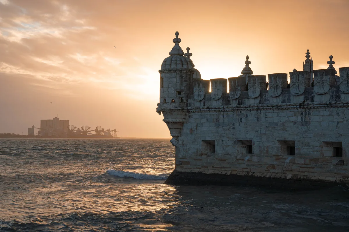 The Belem Tower at sunset on the Tagus in Lisbon