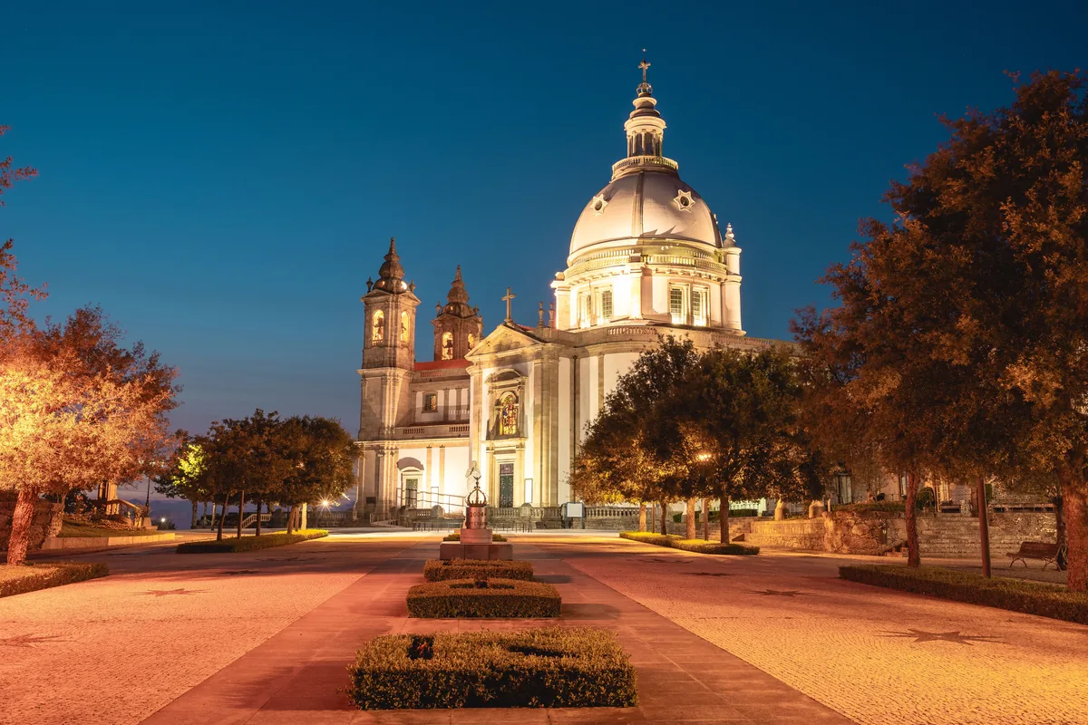 The Sanctuary of Our Lady of Sameiro at Braga, lit at twilight