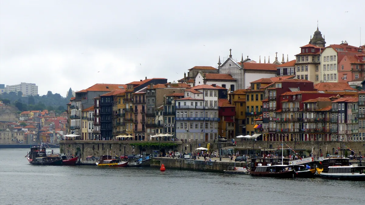Porto's waterfront and moored boats along the Douro