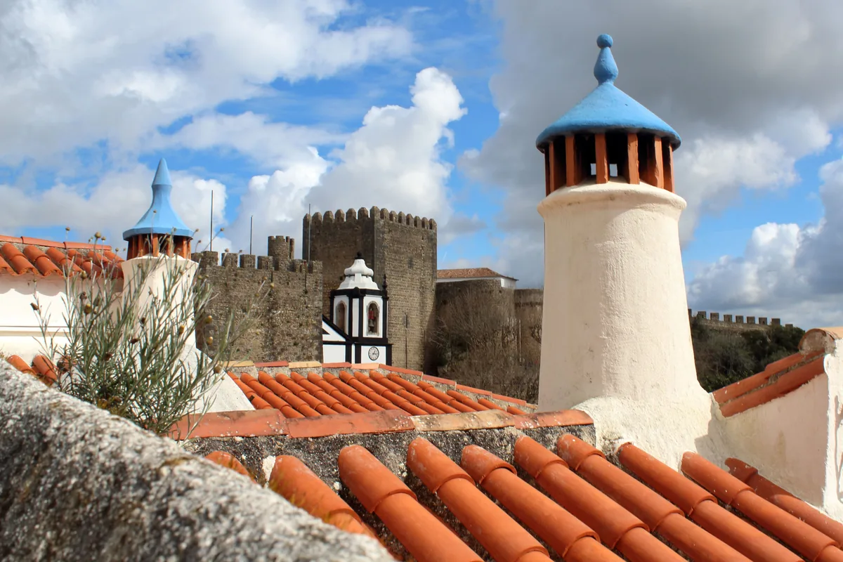 Painted chimneys and terracotta roofs inside the walls of Obidos