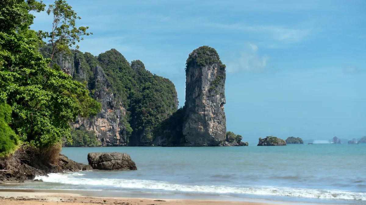 Krabi holiday villa management, beach and limestone pinnacle on the Andaman coast
