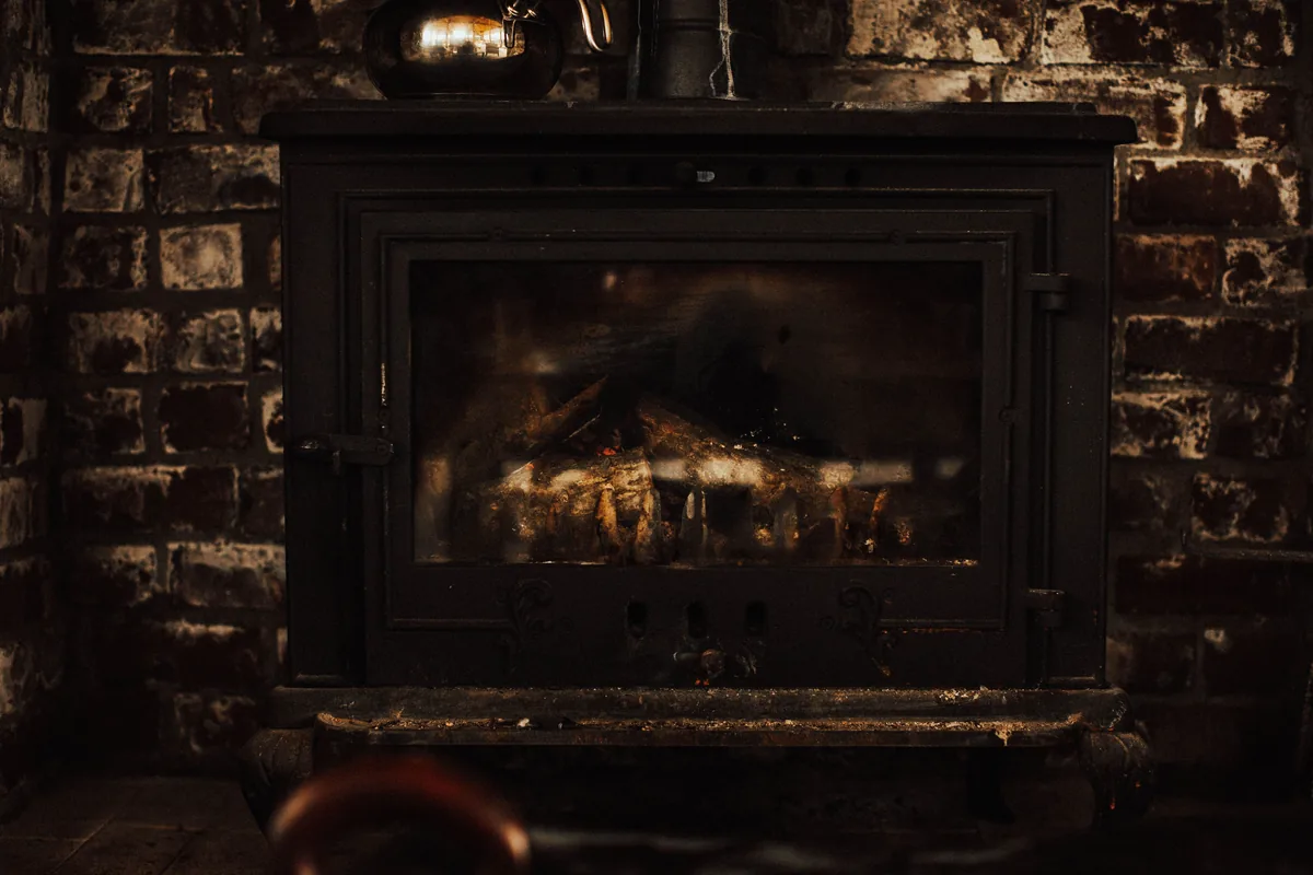 Cabin interior with a fireplace
