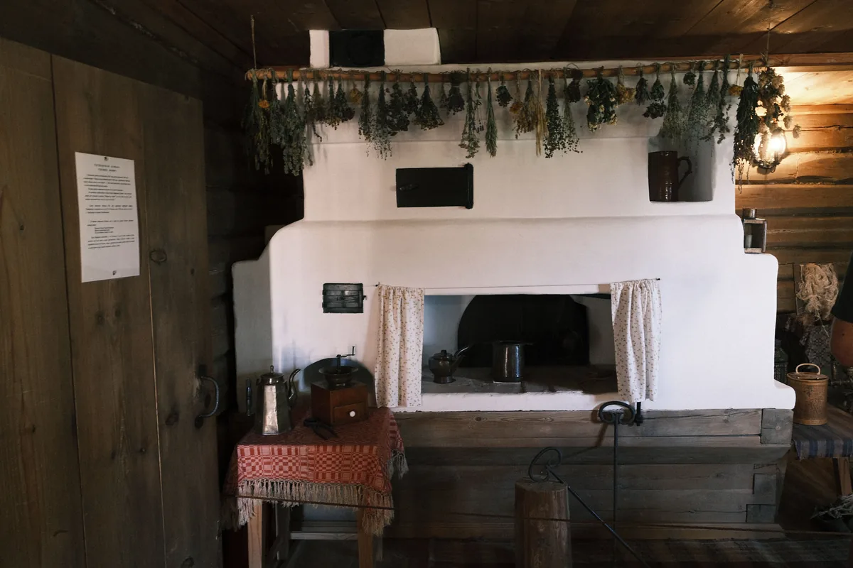Cabin interior with a fireplace