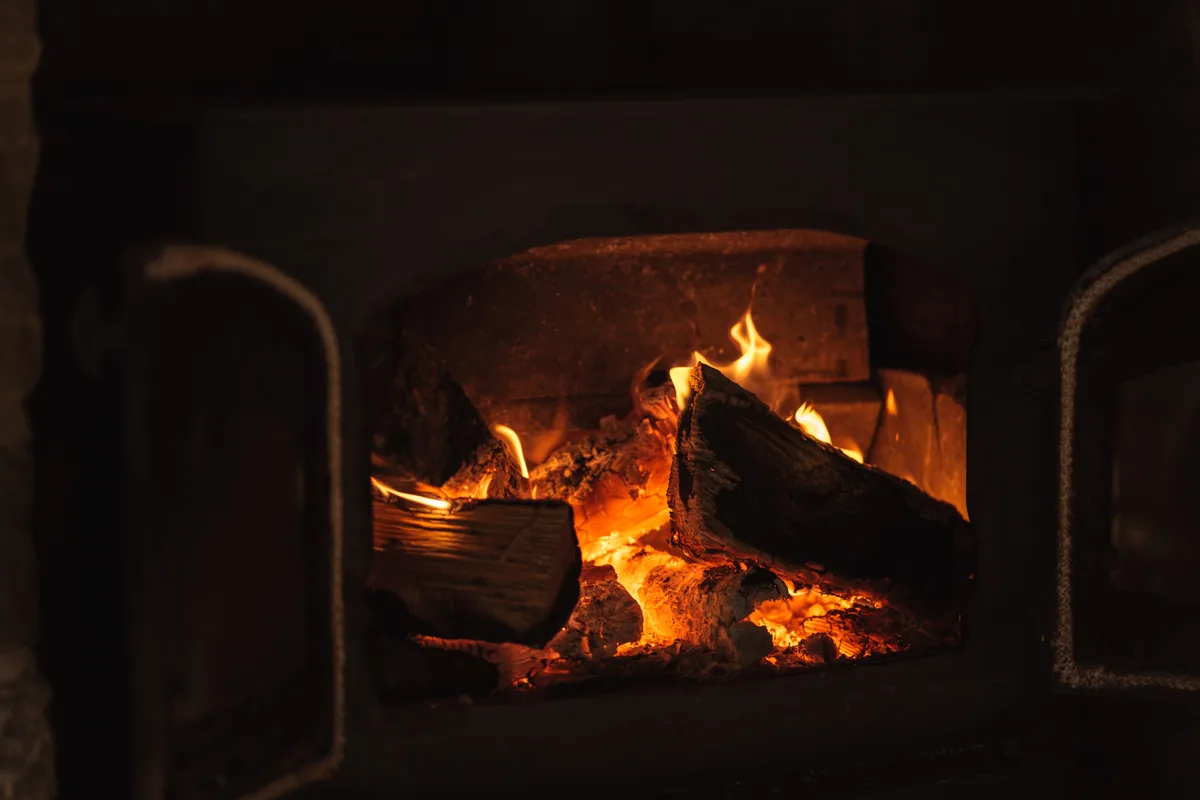 Cabin interior with a fireplace