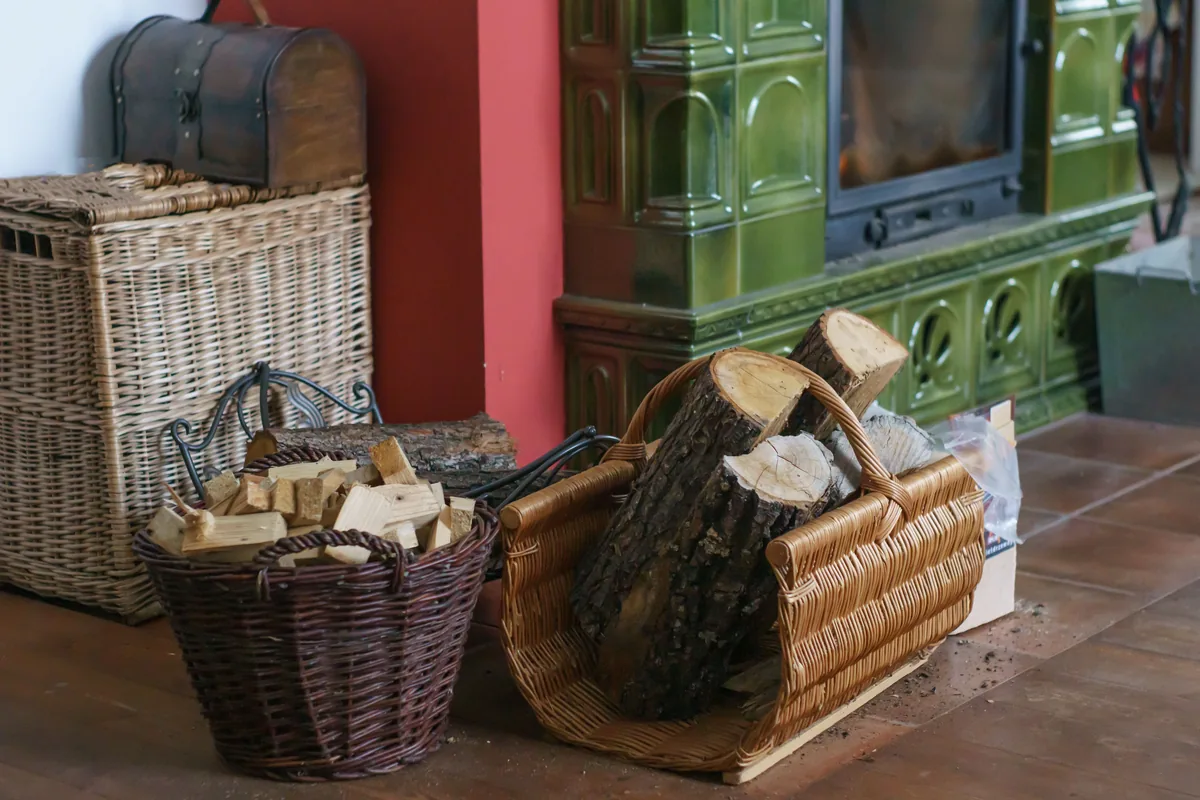 Cabin interior with a fireplace