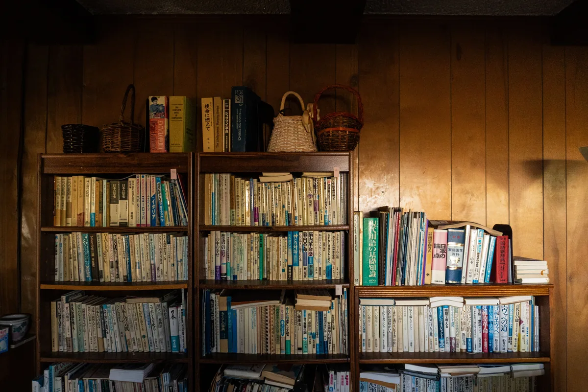 Living room with built-in bookshelves