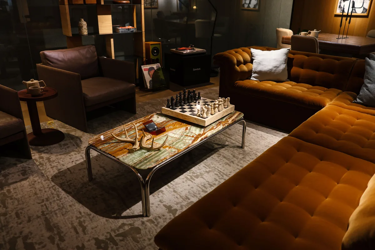 Basement lounge with a sofa