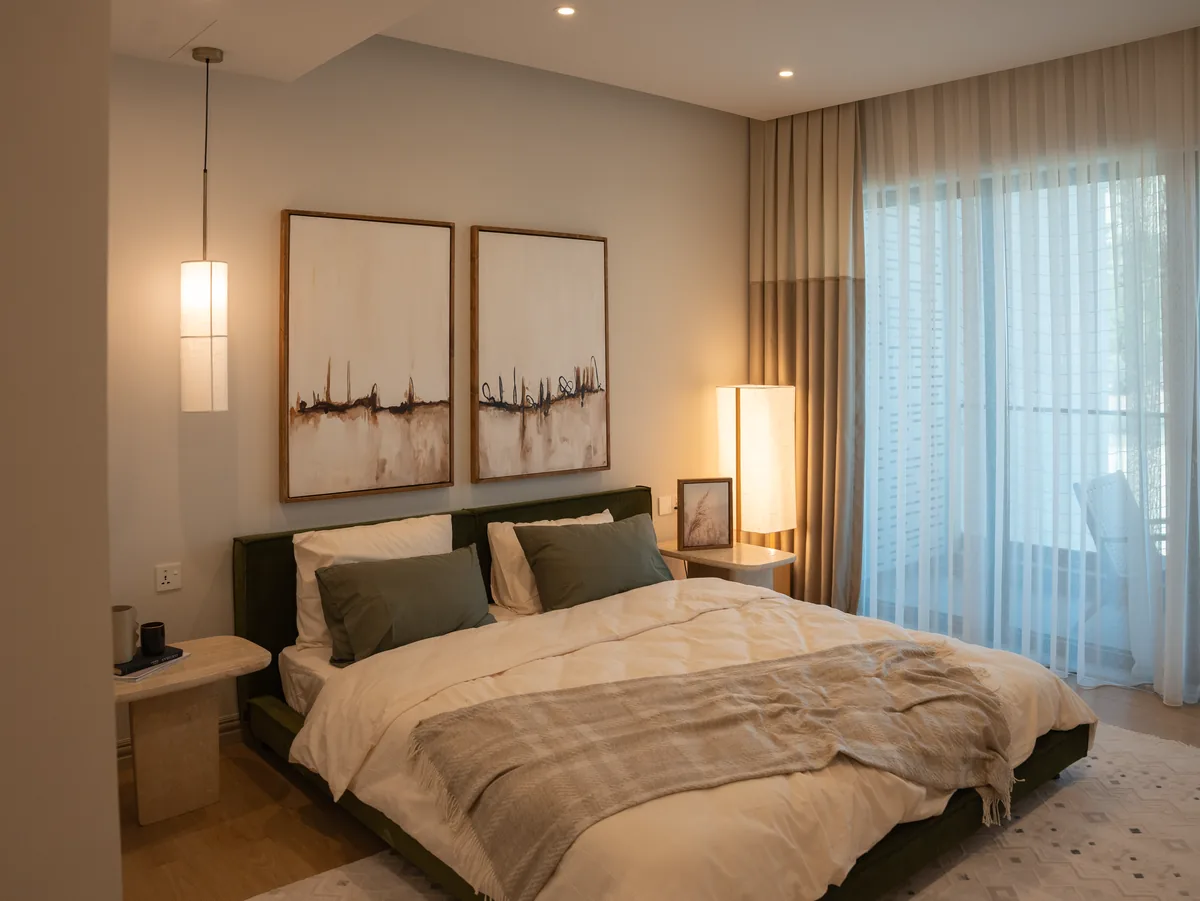 Bedroom made up with white linen