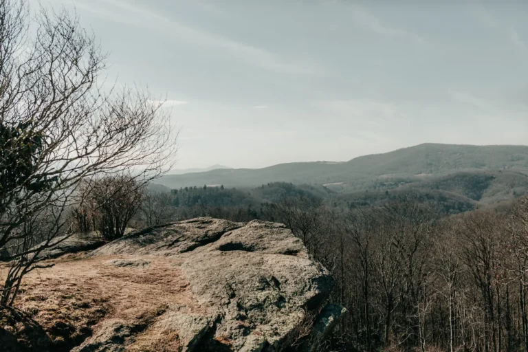 Rocky overlook above forested mountains near Asheville