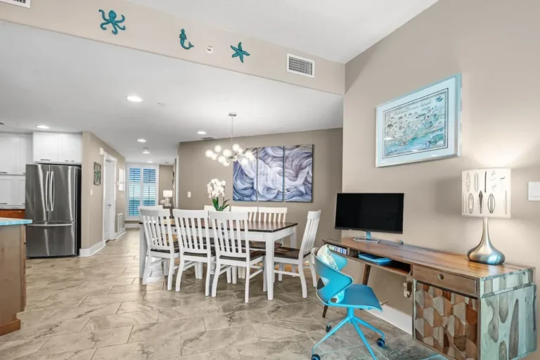 Dining table and kitchen in our Gulf Shores vacation home
