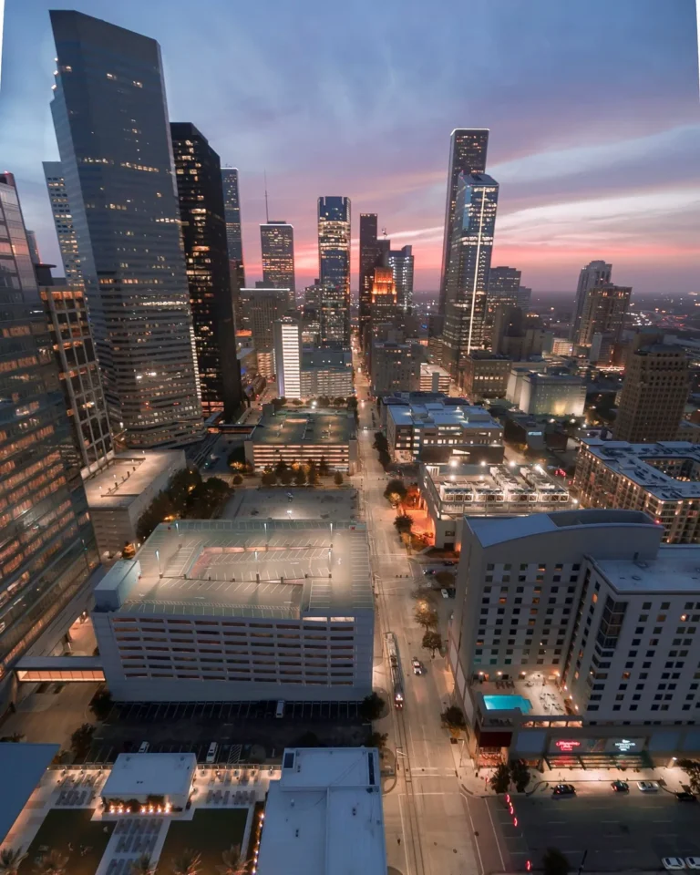 Downtown Houston buildings catching the evening light