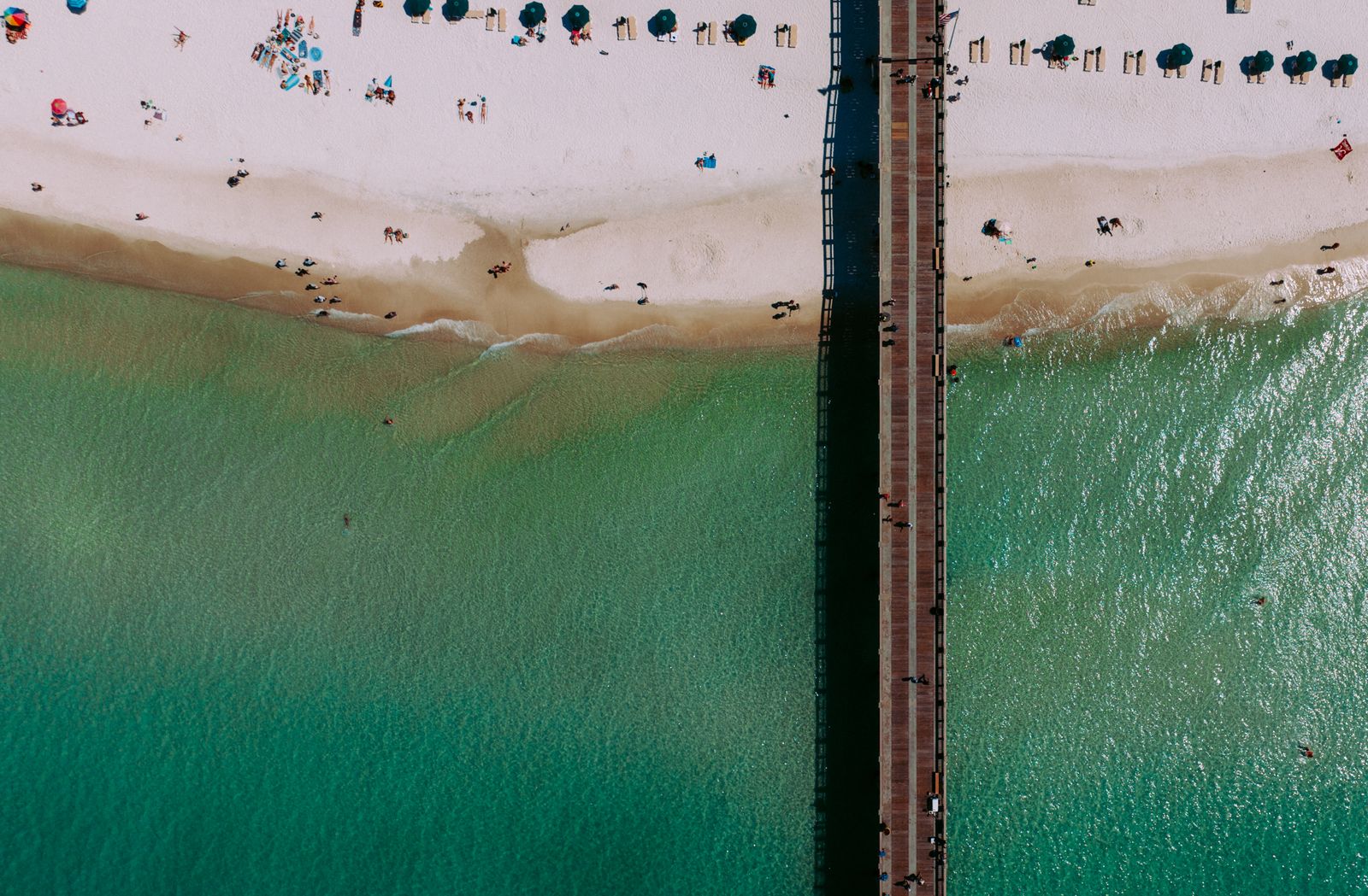 Aerial view of the pier and the beach at Panama City Beach