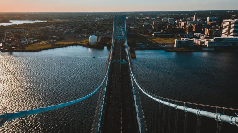 Benjamin Franklin Bridge spanning Philadelphia at sunset