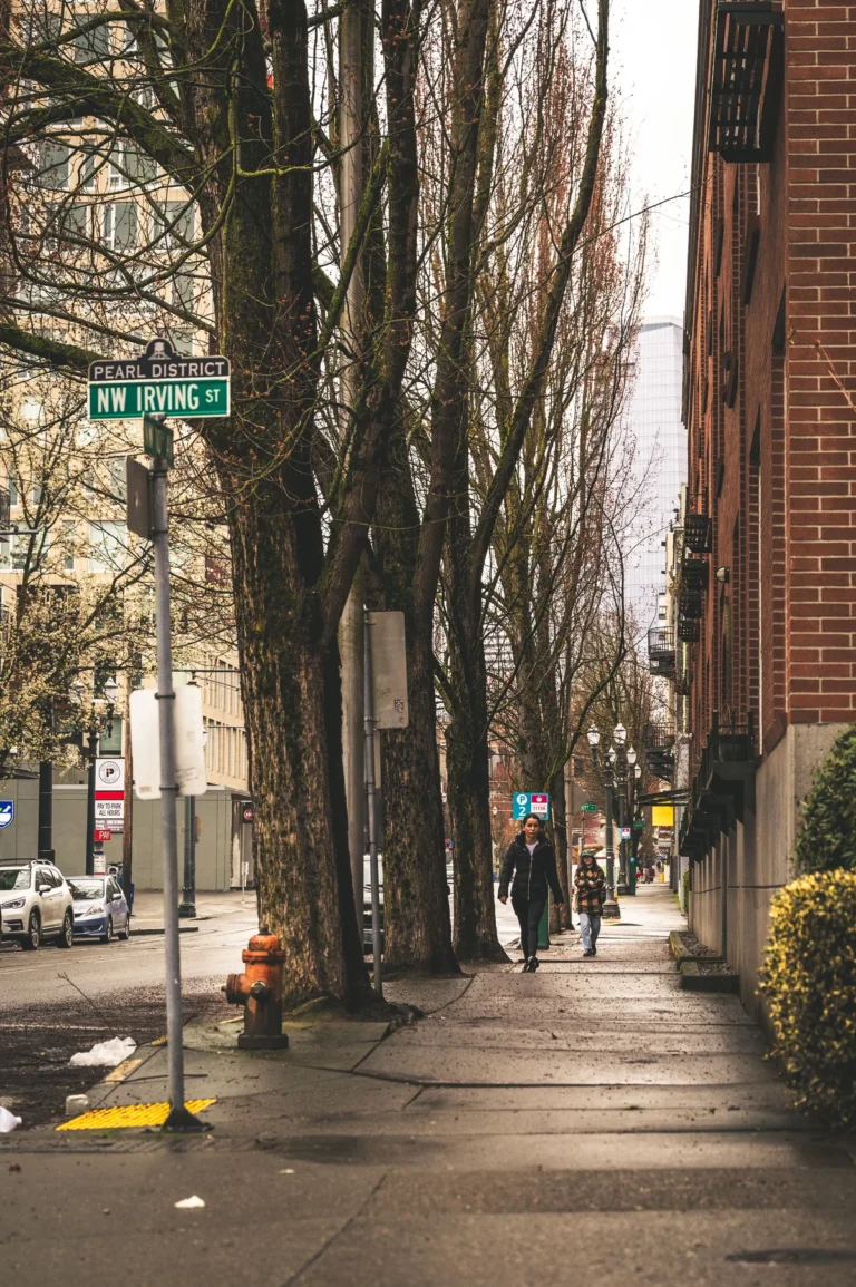 Portland Pearl District street with pedestrians and trees