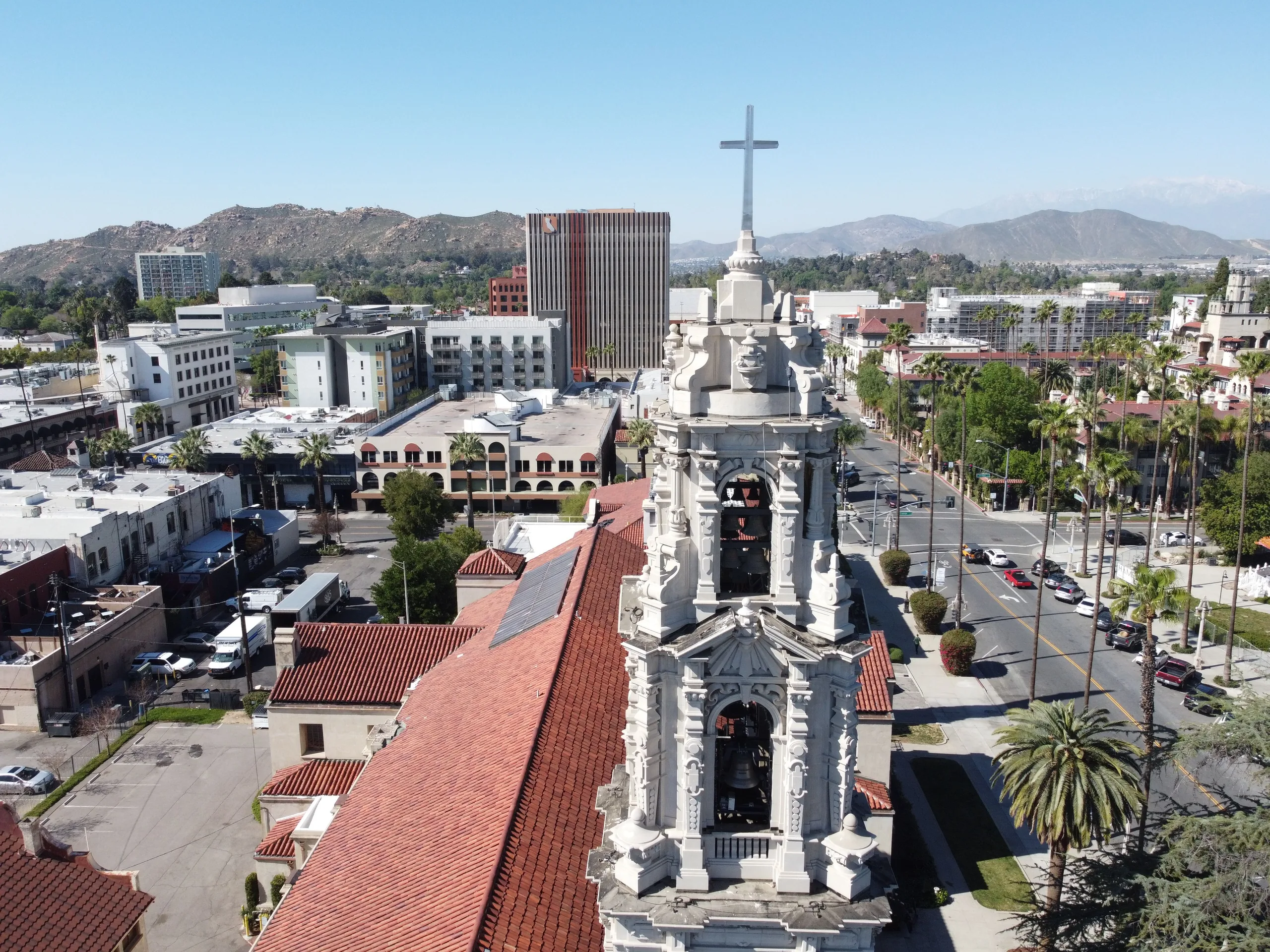 Aerial view of downtown Riverside and a cathedral