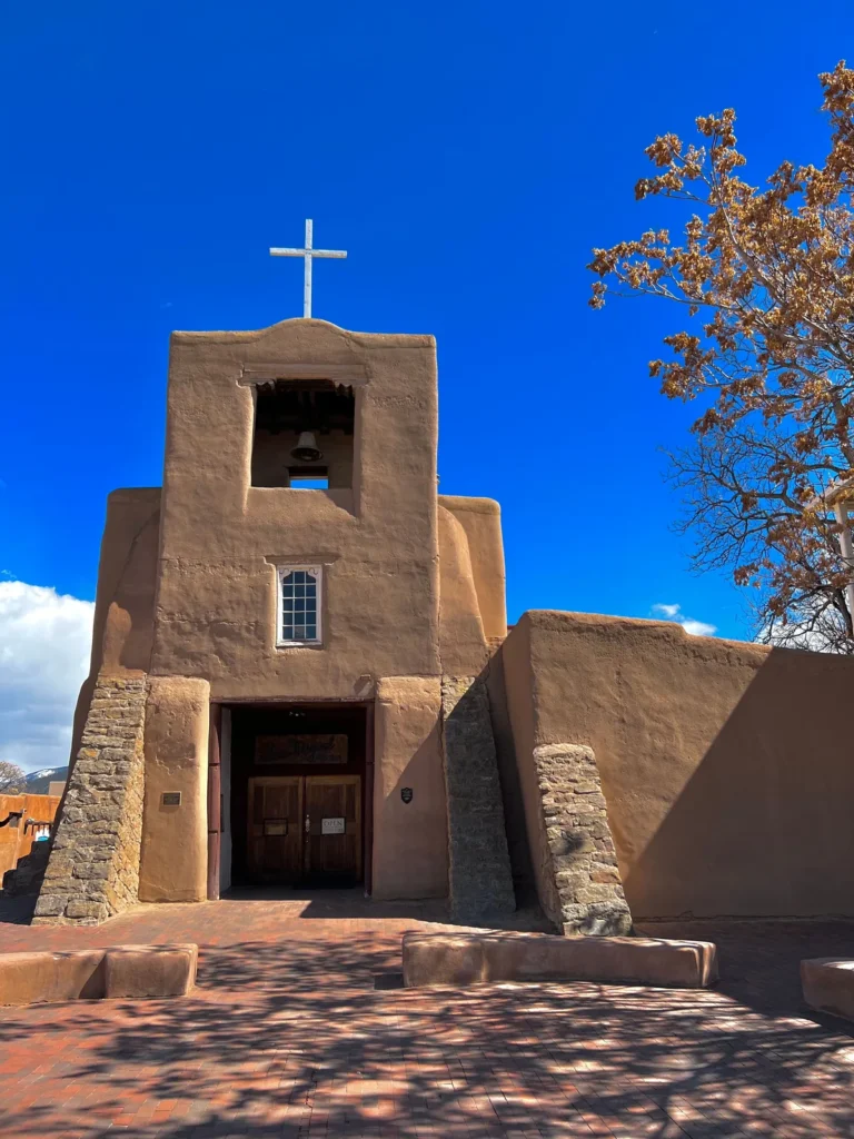 Adobe chapel with a bell tower in Santa Fe