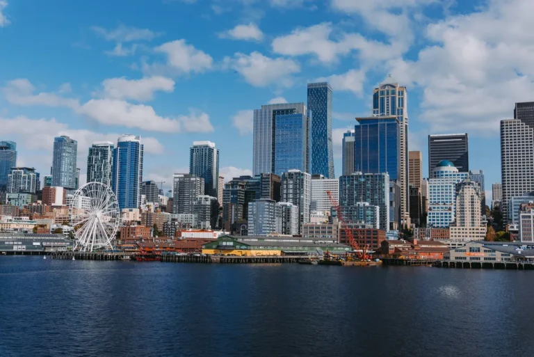 Seattle waterfront and Great Wheel beneath the downtown skyline