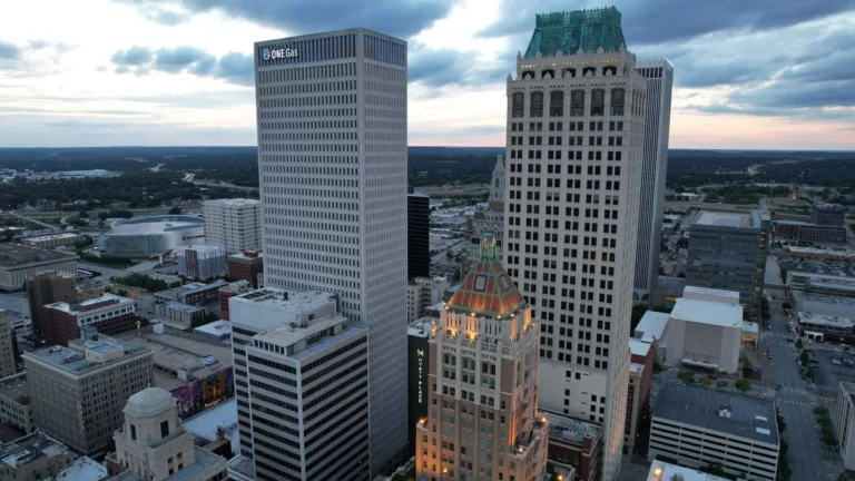 Aerial view of downtown Tulsa and the ONEOK building at twilight