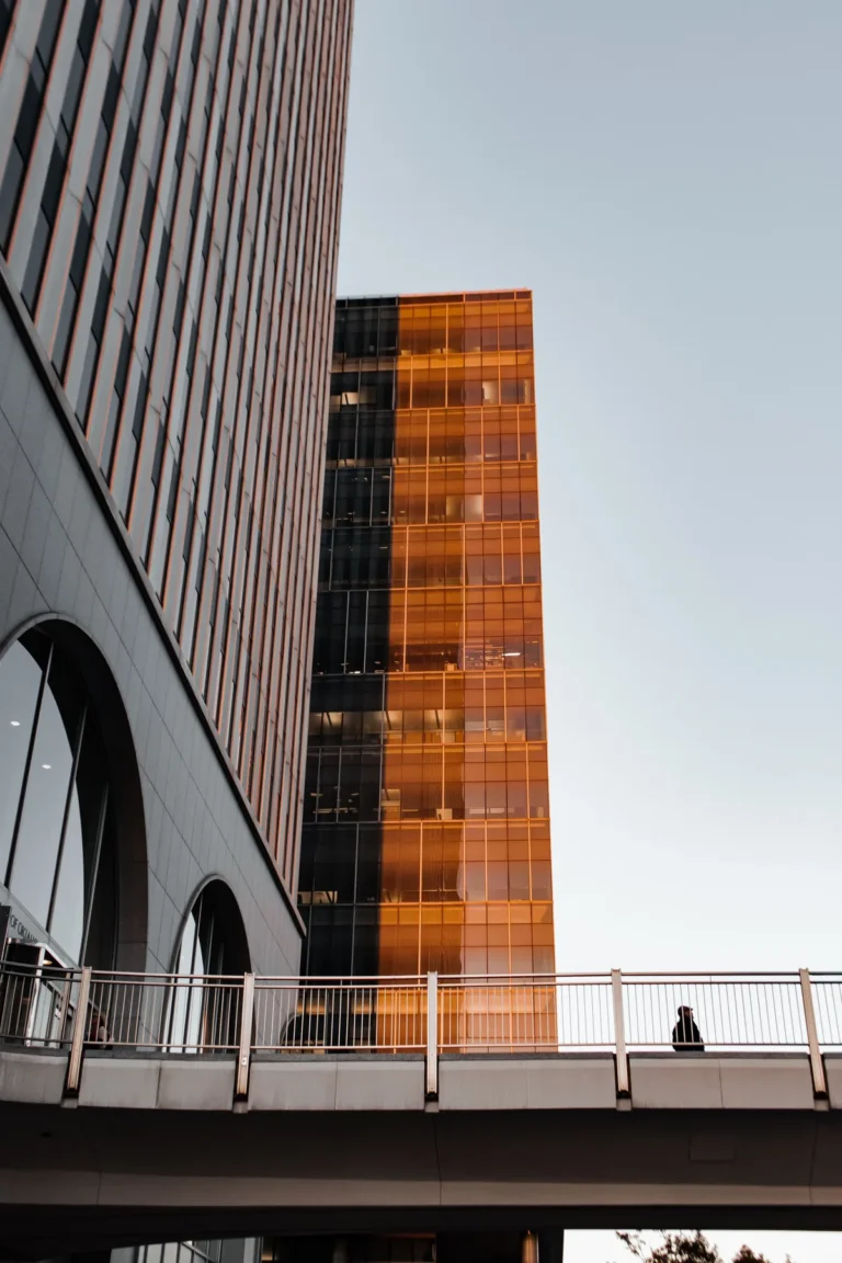Tulsa skyscrapers seen from below at sunset