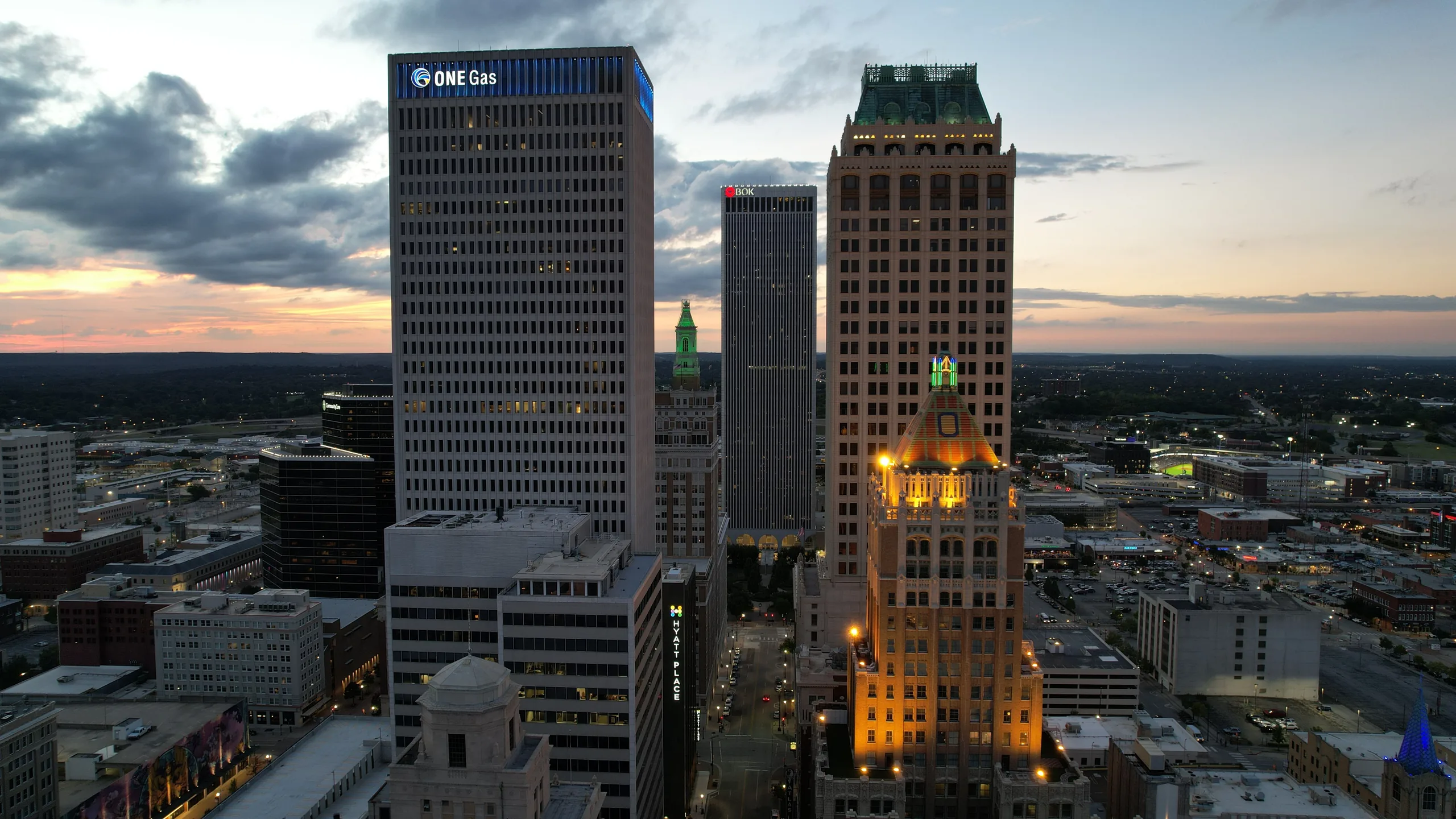 Downtown Tulsa skyline at twilight