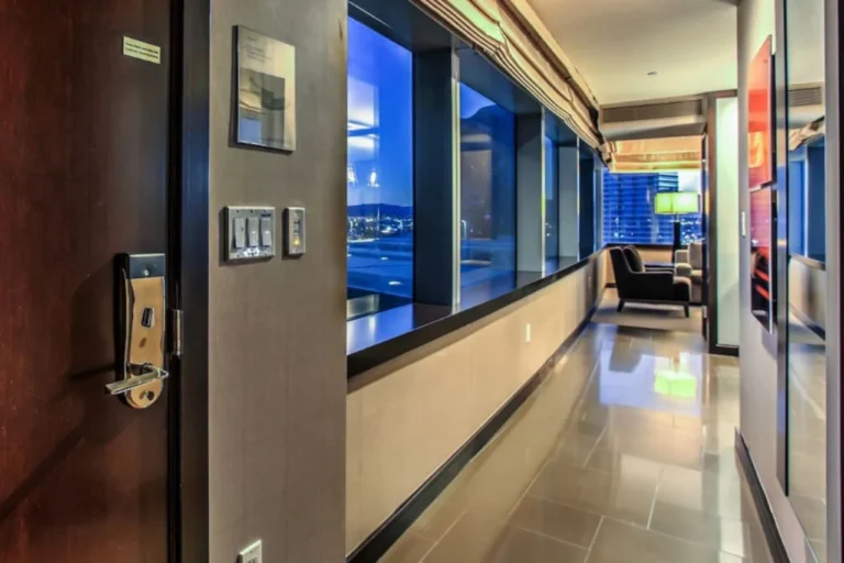 Vdara entry hallway with windows and lounge seating beyond