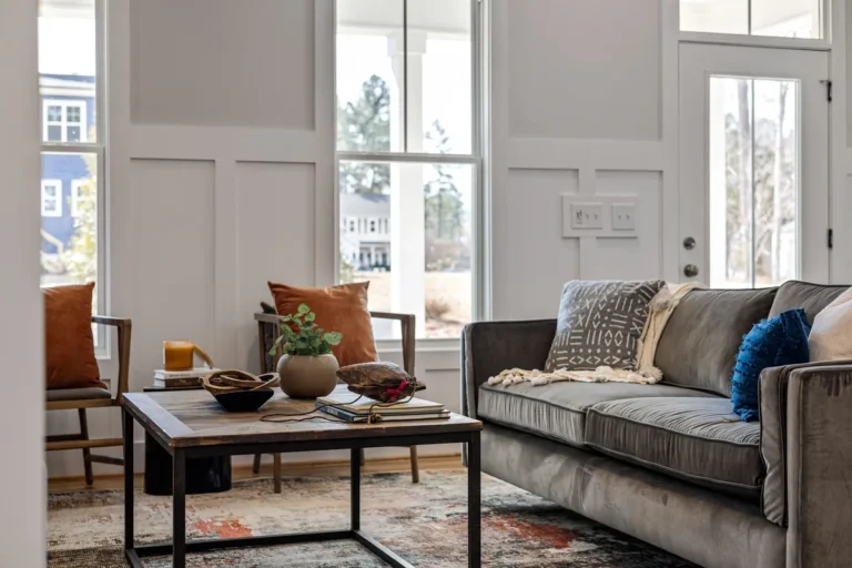 Modern living room with a sofa and decorative furnishings